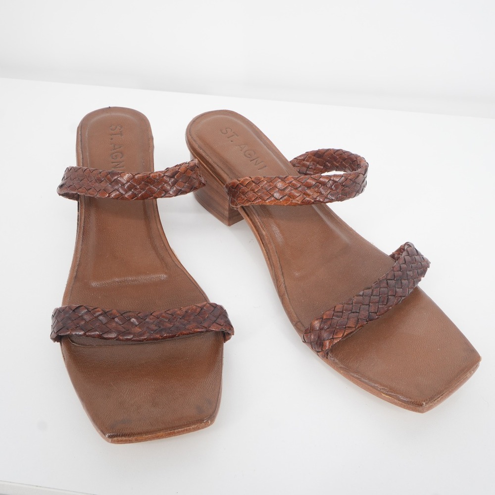 St. Agni Woven Leather Block Heel Sandals Women 39 Tan Brown Square Toe Mules - Picture 2 of 6